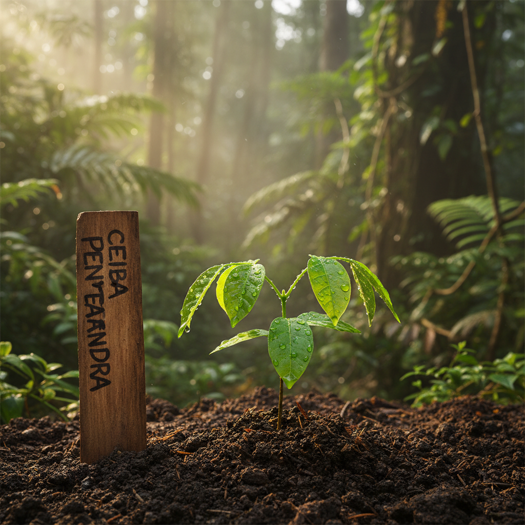 A close-up, eye-level shot of a small sapling freshly planted in rich, dark soil at the edge of a Costa Rican rainforest. The young tree has delicate, bright green leaves still speckled with droplets of water, and a simple wooden marker with handwritten species name stands beside it. The background shows softly blurred layers of dense jungle foliage and hints of distant mist. Soft, diffused morning light filters through the canopy, creating gentle rim lighting on the leaves and subtle texture in the soil. The atmosphere is hopeful, serene, and quietly triumphant, rendered in natural, photographic realism with a shallow depth of field to emphasize impact and growth.