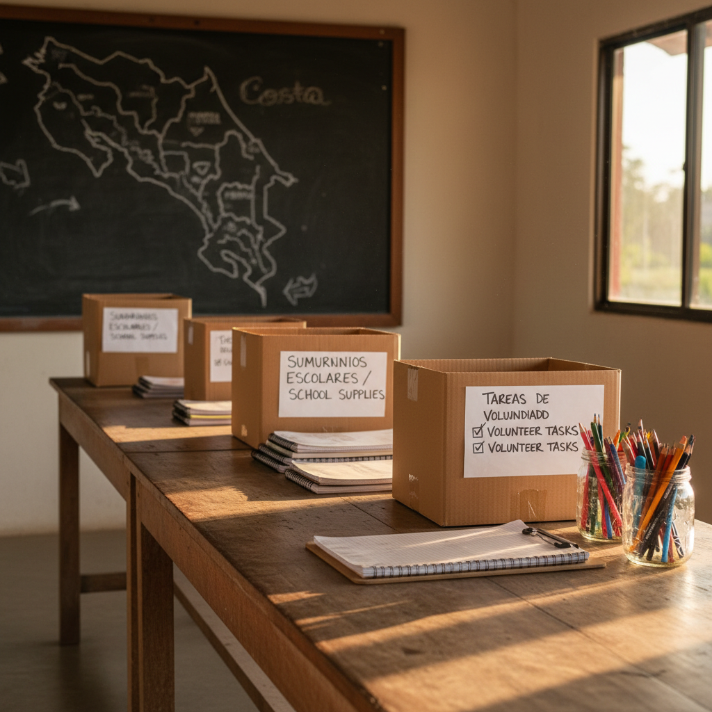 A carefully arranged volunteer work station in a modest Costa Rican community center: a long wooden table with visible grain and minor scuffs, topped with labeled cardboard boxes of donations, neatly stacked school notebooks, colored pencils in recycled jars, and a bilingual clipboard checklist. In the background, a chalkboard map of Costa Rica is slightly out of focus, with simple, hand-drawn regions. Warm late-afternoon sunlight enters from a side window, casting elongated, soft-edged shadows and creating a golden glow on the tabletop. Photographed at eye level with balanced composition and moderate depth of field, the image feels organized, purposeful, and respectful, embodying professional photographic realism suited to a voluntourism blog.