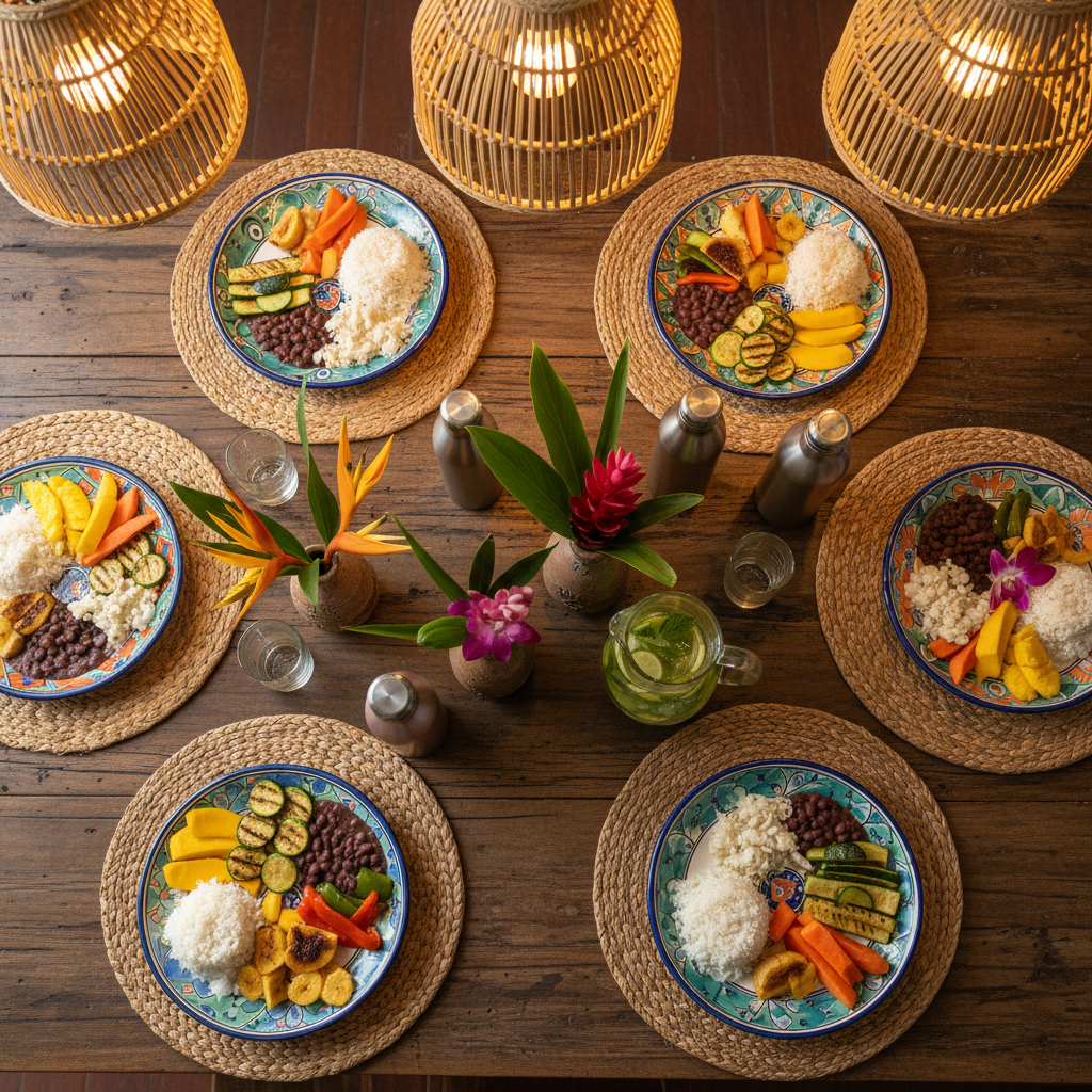 An overhead view of a rustic wooden dining table in a Costa Rican lodge, beautifully set for a group meal after a day of volunteering. Colorful ceramic plates hold traditional dishes like rice, beans, grilled vegetables, and sliced tropical fruit, with visible textures and vibrant hues. Reusable metal water bottles and simple glass pitchers of infused water are arranged between woven placemats. A few small vases with local flowers add organic accents. Warm pendant lights above cast a soft, inviting glow, creating gentle highlights on the food and subtle shadows around the tableware. The mood is communal, reflective, and celebratory, captured in sharp, photographic realism with a clean, top-down composition ideal for illustrating shared experiences.