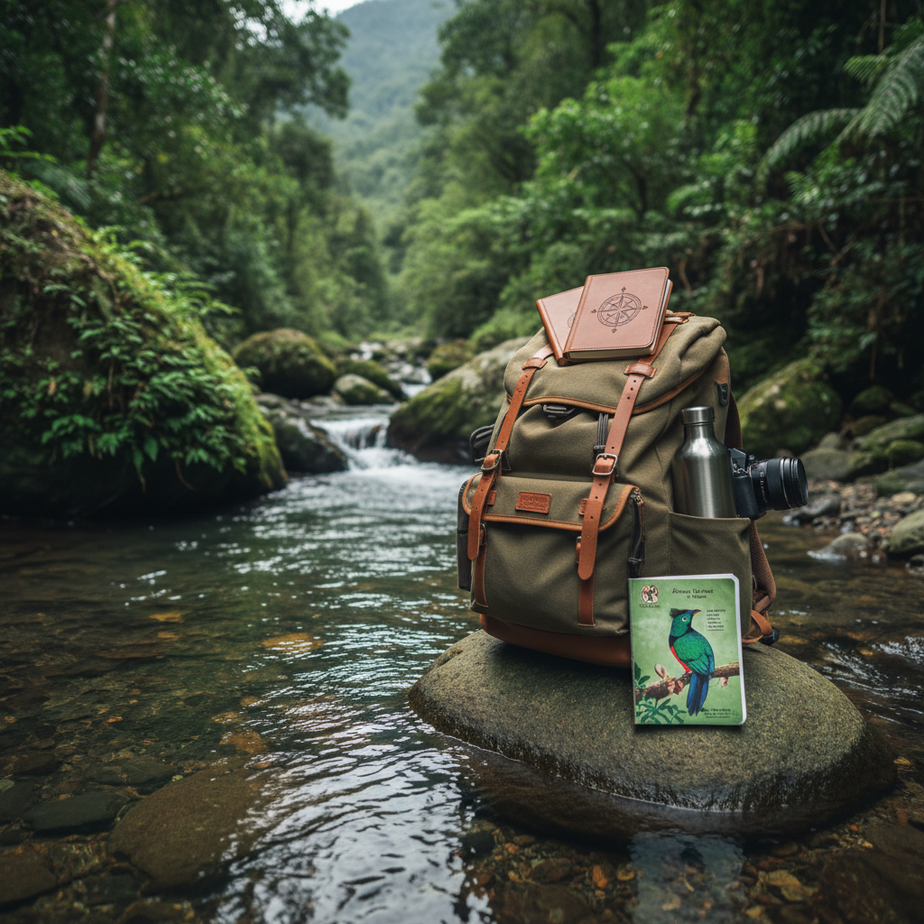 A sturdy, earth-toned hiking backpack resting on a smooth river rock beside a clear Costa Rican mountain stream. The backpack is detailed with neatly organized notebooks, a stainless steel water bottle, a small field guide with a colorful bird illustration, and a camera partially visible in an open pocket. Moss-covered stones and dense emerald foliage surround the scene. Soft overcast light from above creates even, flattering illumination with subtle reflections on the water’s surface. Captured from a slightly elevated angle using the rule of thirds, the backpack in sharp focus while the background gradually blurs, conveying a calm, purposeful, and exploratory atmosphere in realistic photographic style.