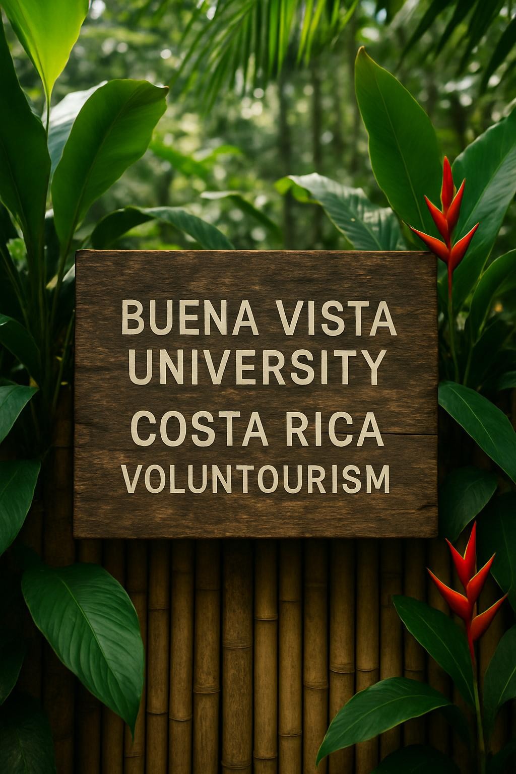 A weathered wooden sign reading “Buena Vista University Costa Rica Voluntourism” in clean, modern lettering, mounted on a textured bamboo wall. Around it, lush tropical plants with broad, glossy green leaves and a few vibrant red heliconia flowers create a natural frame. Soft, diffused morning light filters through unseen canopy above, casting dappled highlights on the sign’s grain and gentle shadows on the wall. Photographed at eye level with a centered, slightly wide composition and shallow depth of field so the sign is crisp while the foliage softly blurs. The mood is welcoming, professional, and adventurous, with photographic realism and rich, natural colors suited for a university travel blog header image.