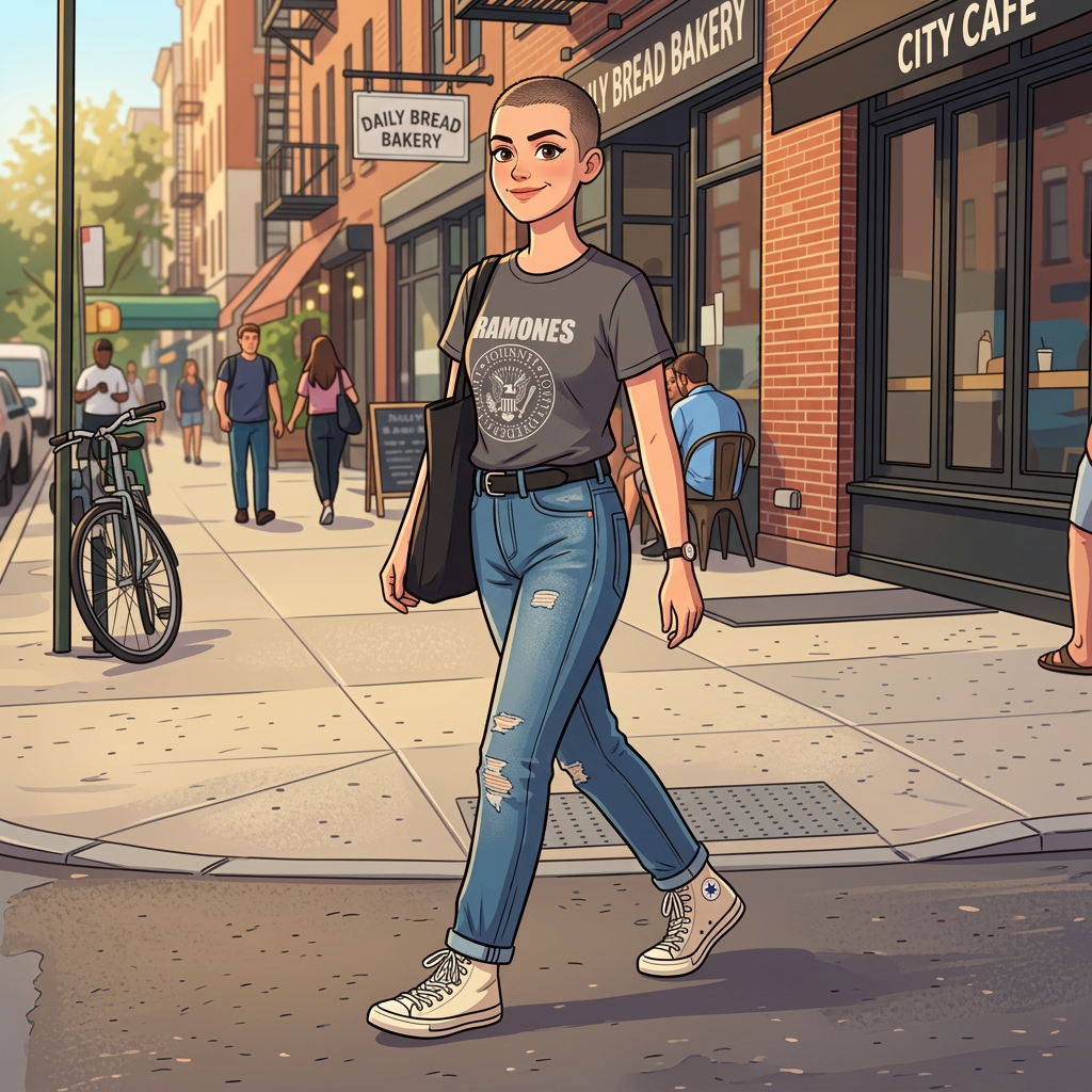 Young woman walking on city sidewalk wearing 'The Ramones' t-shirt, jeans, and white sneakers