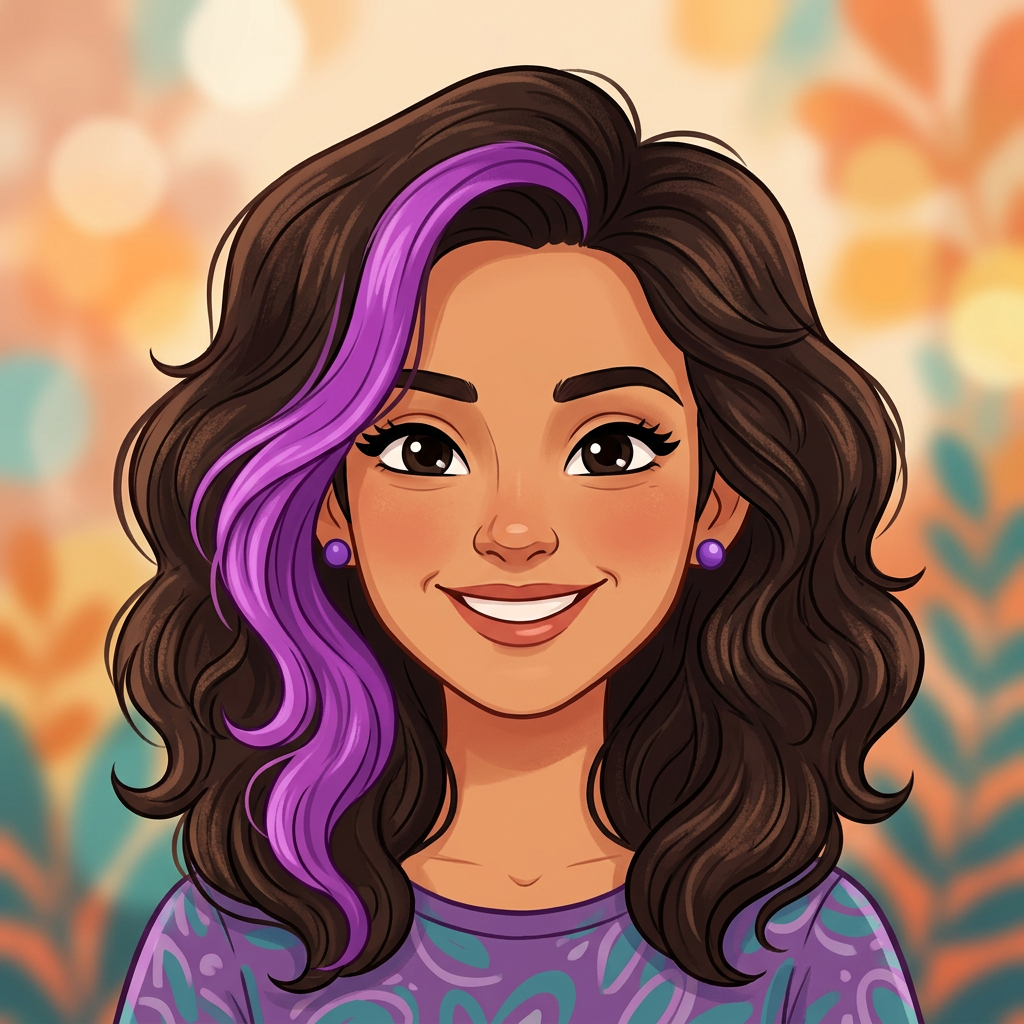 Smiling woman with dark wavy hair and a purple streak wearing purple earrings and patterned shirt