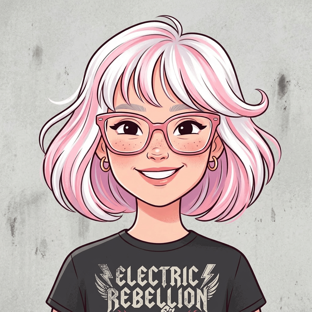 Smiling woman with pastel pink and white hair, pink glasses, and a blue sweater with a floral collar